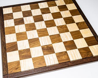 Handmade Solid Exotic Wood Drueke Chess Board: Competition Sized Walnut, Tiger Maple, Wenge