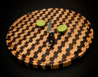 End Grain Round Cutting Board, Walnut And Maple Butcher Block, Small Chopping Board With Juice Groove, Kitchen Countertop Cutting Board