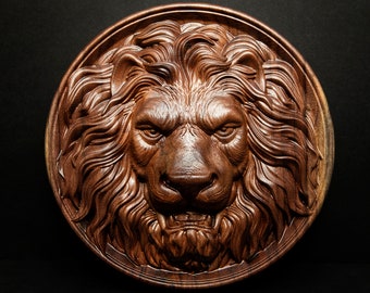 Lion Carving Wooden Wall Art, Wood Tiger Decorative Plaque W/Keyhole Cutout On Back For Hanging, Hardwood Carved Cat Wildlife Decor