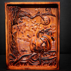 Haunted Pumpkin Carving: Spooky Halloween Cherry Wood Shadow Box