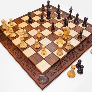 Handmade Walnut & Maple Chess Set: Carved Two Tier Board, Weighted Pieces