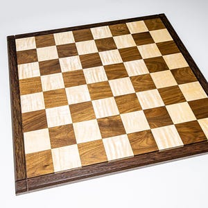 Handmade Solid Exotic Wood Drueke Chess Board: Competition Sized Walnut, Tiger Maple, Wenge