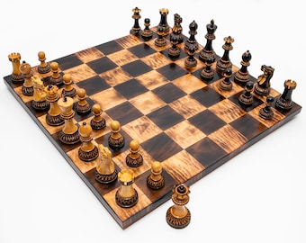 Flame Burnt Chess Set, Burned Chessboard And Pieces, Luxury Wooden Chess Game, Classic Board Game Of Kings Gift,