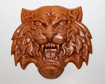 Wooden Tiger Head Carving, Cherry Wood Hanging Tiger Art,  Wildlife Themed Wooden Wall Decor W/Keyhole Cutout To Hang, Animal Lover Gfit