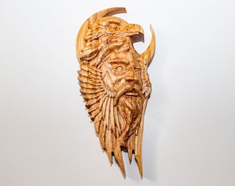 Viking Wall Decor Carving, Wooden Celtic Hanging Art W/Keyhole Cutout, Ambrosia Maple Hardwood Carved Display, Intricate Warrior Eagle Head