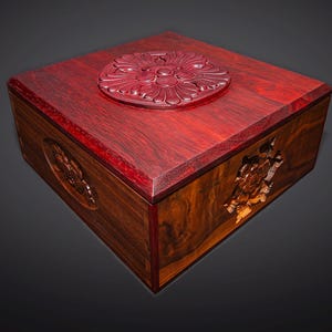 Exotic Wood Keepsake Box Featuring Floral Carvings: Walnut, Padauk, Purpleheart, Cherry Trays