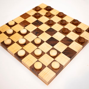 Handmade Hardwood Checkers Set: Walnut & Maple Board Game (14 Inch)