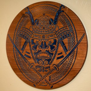 Samurai Warrior Walnut Wood Carving: Oriental Epoxy Resin Inlay Art