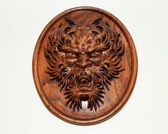 Hanging Demon Wooden Carving, Carved Oak Wall Art,  Scary Devil Halloween Decor, Diablo Head Hardwood Decorative Relief Carving,