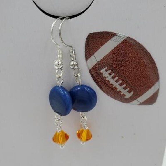 Taqua Bead Blue, Swarovski Crystal Orange. Silver Plated Short Fishhook Ear  Wire. Handmade, Nickel Free. 