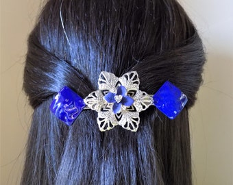 Large Barrette Blue, Womans Gift, Thick Hair Barrette/100mm clip