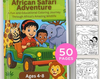 Peut inclure: Un livre de coloriage pour enfants intitulé "African Safari Adventure" avec une couverture verte et bleue. La couverture présente des illustrations d'enfants dans une jeep avec des animaux africains. Le livre contient 50 pages et est destiné aux enfants de 4 à 8 ans.