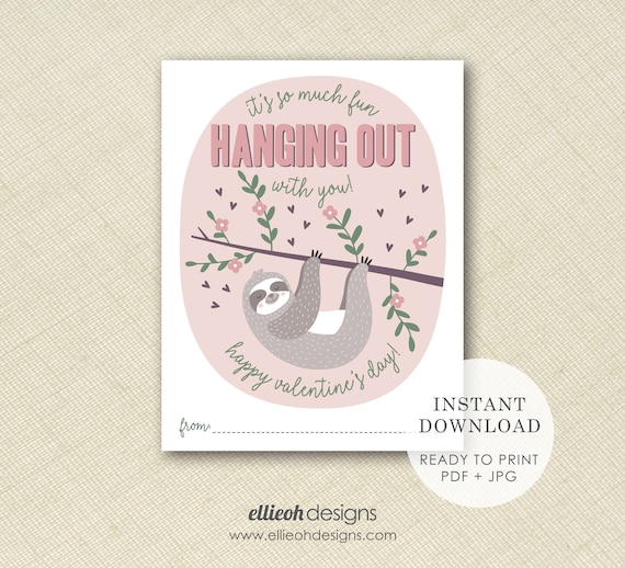 INSTANT DOWNLOAD | printable sloth valentine | cute sloth valentine | easy to print valentine | kids classroom valentine | print at home