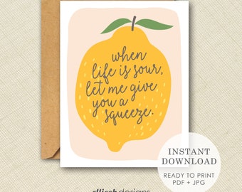 Thinking of you card | DIY | INSTANT DOWNLOAD | printable lemon card | blank card | when life is sour | print at home | digital download