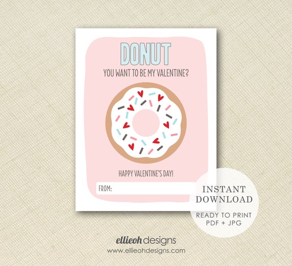 DIGTAL DOWNLOAD | printable donut valentine | classroom valentines | print at home valentine | instant download | printable valentine card
