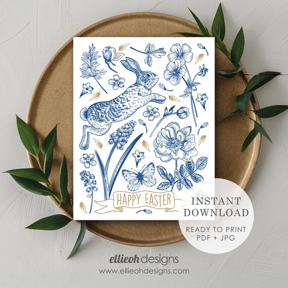 Printable Easter card | INSTANT DOWNLOAD | blue botanical design | vintage inspired | timeless classic | botanical Easter | print at home