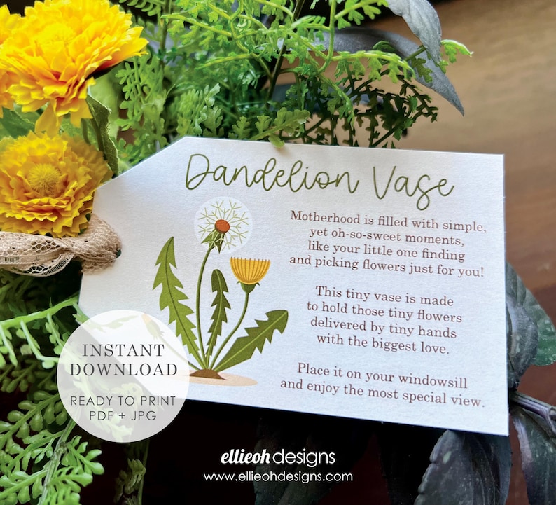 Printable Dandelion Vase Tag. INSTANT DOWNLOAD. Printable Tag. Baby Shower Gift. Unique New Mom Gift. Expecting Mom Gift. Dandelion Vase Tag image 1