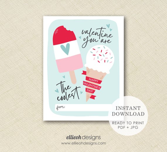 DIGITAL DOWNLOAD | printable valentine | kids valentine card | coolest classroom valentine | print at home | instant download | ice cream