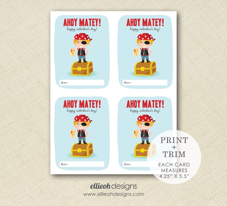DIGITAL DOWNLOAD Printable Pirate Valentine Printable Valentine Card ...
