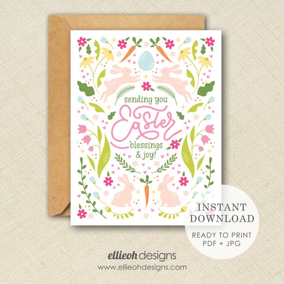 Printable Easter card | INSTANT DOWNLOAD | whimsical design | modern minimalist design | floral design | Easter blessings | print at home
