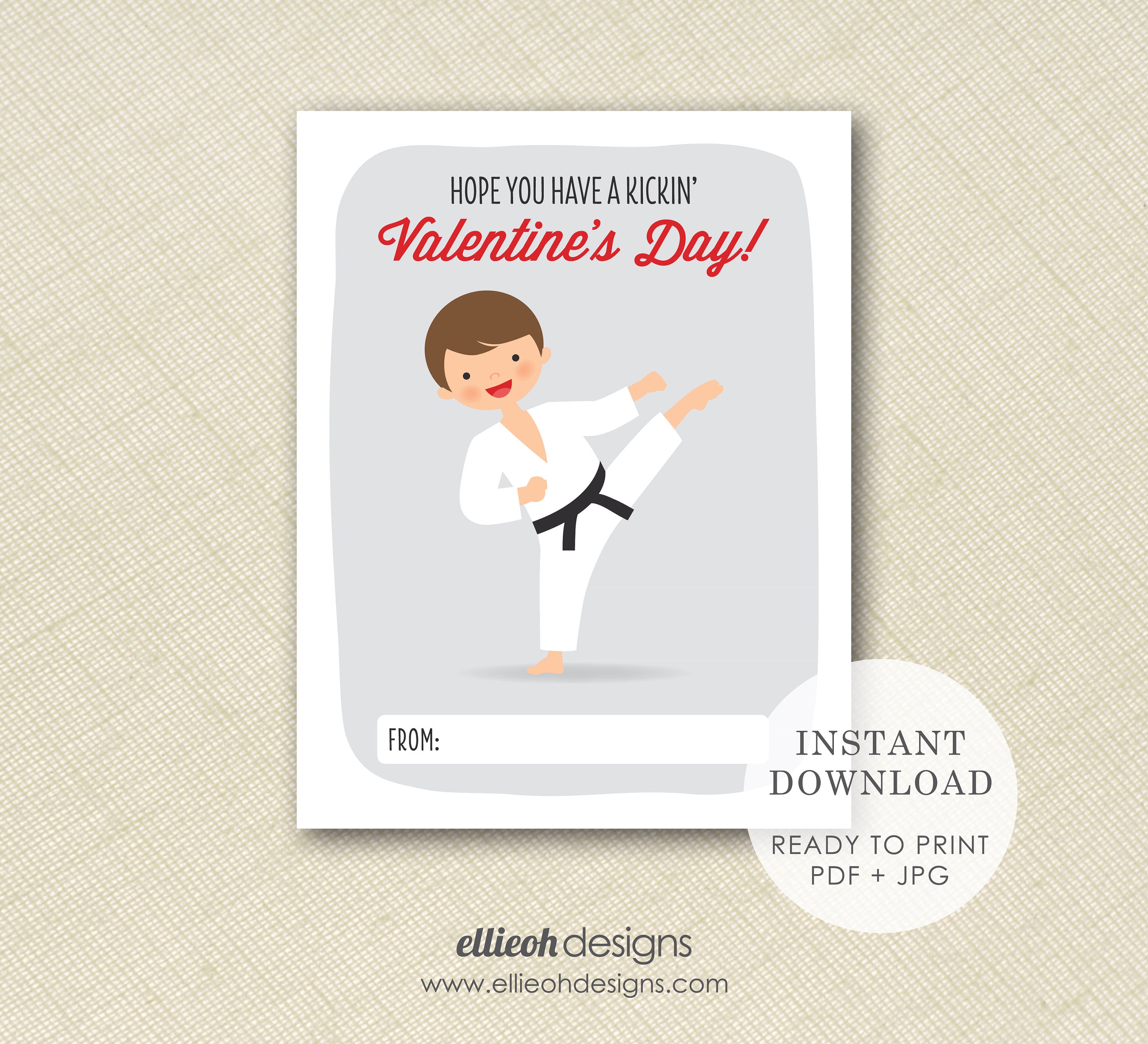 DIGITAL DOWNLOAD Printable Karate Valentine Classroom Valentines Print ...