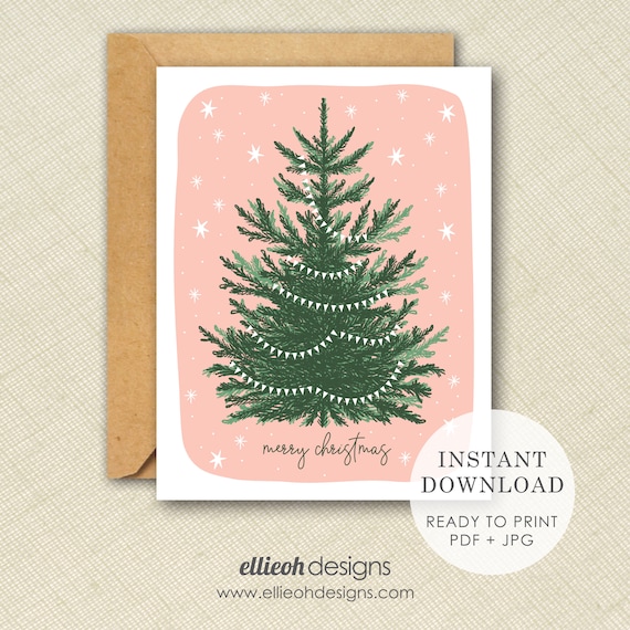 Printable Christmas card | INSTANT DOWNLOAD | printable card | blank card | Merry Christmas | pink | tree | print at home | digital download