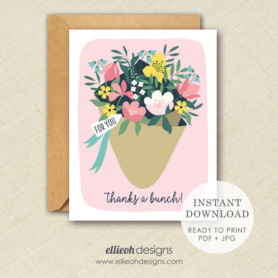 Printable thank you card | INSTANT DOWNLOAD | printable floral bouquet card | bridal shower thank you | print at home | digital download