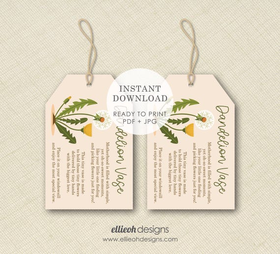 Printable Dandelion Vase Tag. INSTANT DOWNLOAD. Printable Tag. Baby Shower Gift. Unique New Mom Gift. Expecting Mom Gift. Dandelion Vase Tag