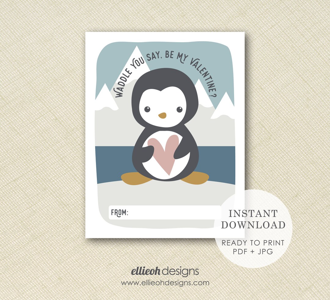 DIGITAL DOWNLOAD Printable Penguin Valentine Printable Valentine Card