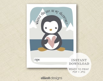 DIGITAL DOWNLOAD | printable penguin valentine | printable valentine card | classroom valentines | print at home | instant download