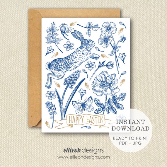 Printable Easter card | INSTANT DOWNLOAD | blue botanical design | vintage inspired | timeless classic | botanical Easter | print at home