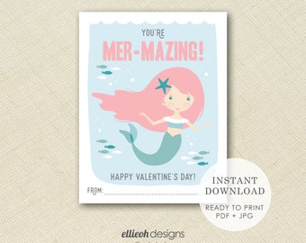 DIGITAL DOWNLOAD | printable mermaid valentine | printable valentine | classroom valentines | print at home | instant download | printable