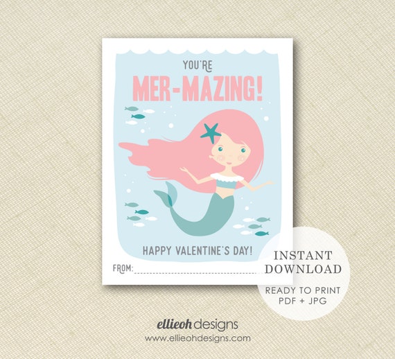 DIGITAL DOWNLOAD | printable mermaid valentine | printable valentine | classroom valentines | print at home | instant download | printable