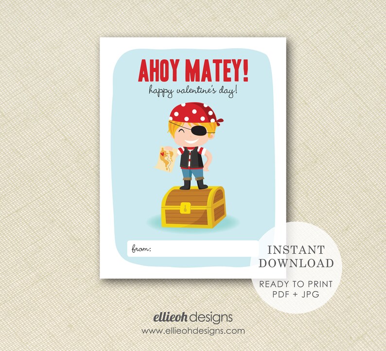 DIGITAL DOWNLOAD Printable Pirate Valentine Printable Valentine Card ...
