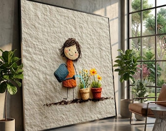 Girl Watering Flowers Canvas Print, Whimsical Children's Room Wall Art