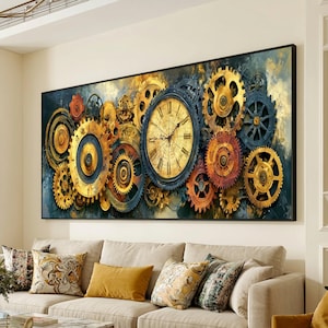 May include: A rectangular wall art piece featuring a large central clock face surrounded by an intricate arrangement of various sized mechanical gears and cogs in shades of metallic gold, copper, rust, and dark blue against a textured background.