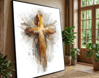 Puede incluir: Una gran pieza de arte mural rectangular que presenta una cruz dorada central representada en un estilo de acuarela abstracto y texturizado, con pinceladas radiantes y salpicaduras de pintura sobre un fondo blanco, en un marco negro fino.