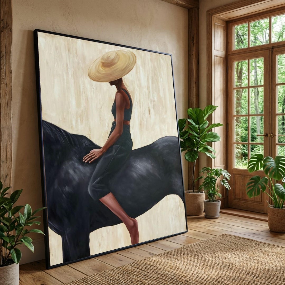Equestrian Woman on Black Horse Canvas Print, Modern Wall Art, Ready to ...