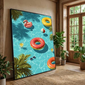 Summer Pool Vibes Canvas, Aufblasbare Donut Floats, Flamingo Pool Float, Tropische Palmenblätter, Erfrischendes Dekor am Pool, Hellblaues Wasser