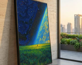 Lienzo de paisaje onírico cósmico, arte mural surrealista de cielo estrellado