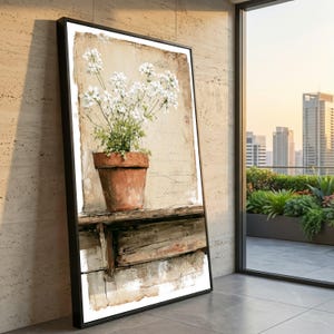 White Flower Pot Canvas, Rustic Floral Wall Art, Botanical Home Decor, Vintage Style Plant Canvas, Ready to Hang Decoration
