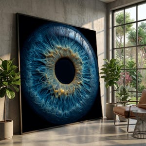 May include: A large square wall art piece featuring a high-contrast, detailed macro illustration of a human eye. The iris displays vibrant shades of electric blue and golden yellow fibres radiating from a solid black pupil against a dark background.