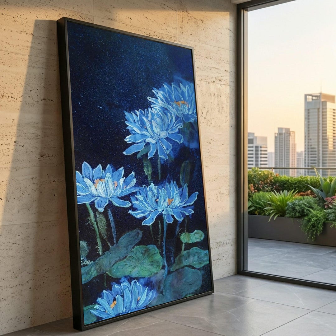 Blue Lotus Flowers Canvas Wall Art, Abstract Floral Painting, Water ...