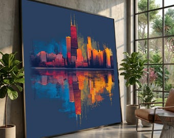 Vibrant Cityscape Canvas Print, Modern Reflection Wall Art