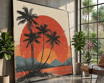 Retro Palmen-Sonnenuntergang-Leinwand, Küstenwandkunst