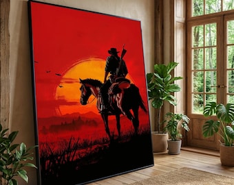 Western Cowboy Sunset Canvas Art, Rustic Wild West Decor