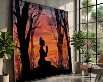 Meditative Silhouette Canvas Art, Sunset Forest Scene