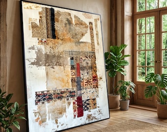 Mixed Media Collage Canvas, Abstract Rustic  Look Wall Art, Bohemian Home Decor (Stretched Canvas)