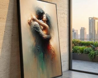 Lovers Canvas Print, Romantic Embrace Abstract Painting
