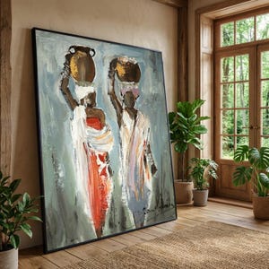 African Women Canvas Art,  Impasto Painting, Boho Home Decor